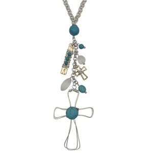Wire Art Cross Turquoise Charm Cluster Necklace